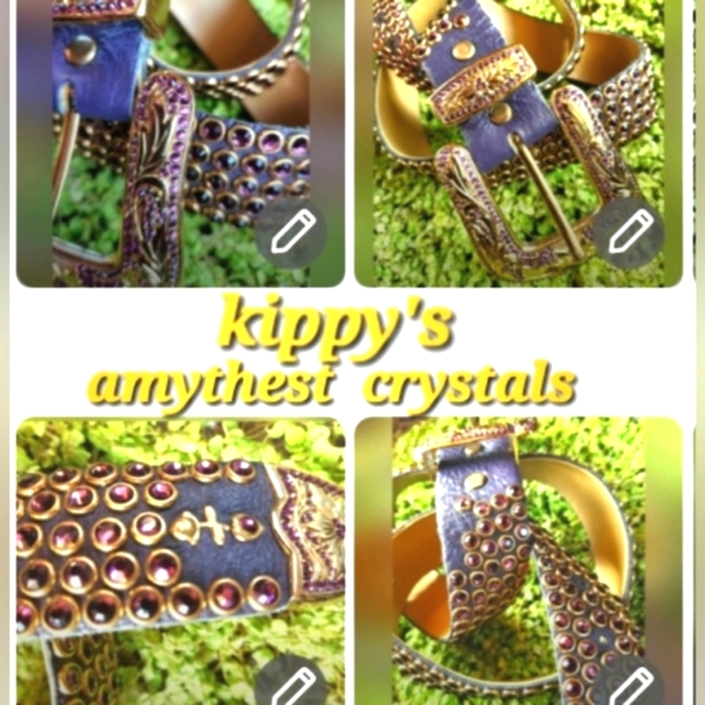 KIPPYS Leather Handmade Crystals Purple Crystalss Leather Western Buckle Belt 34 - Picture 3 of 16